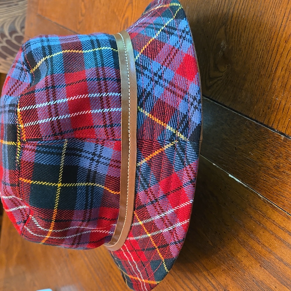 Coach Plaid Wool Bucket Hat Brown Leather Trim